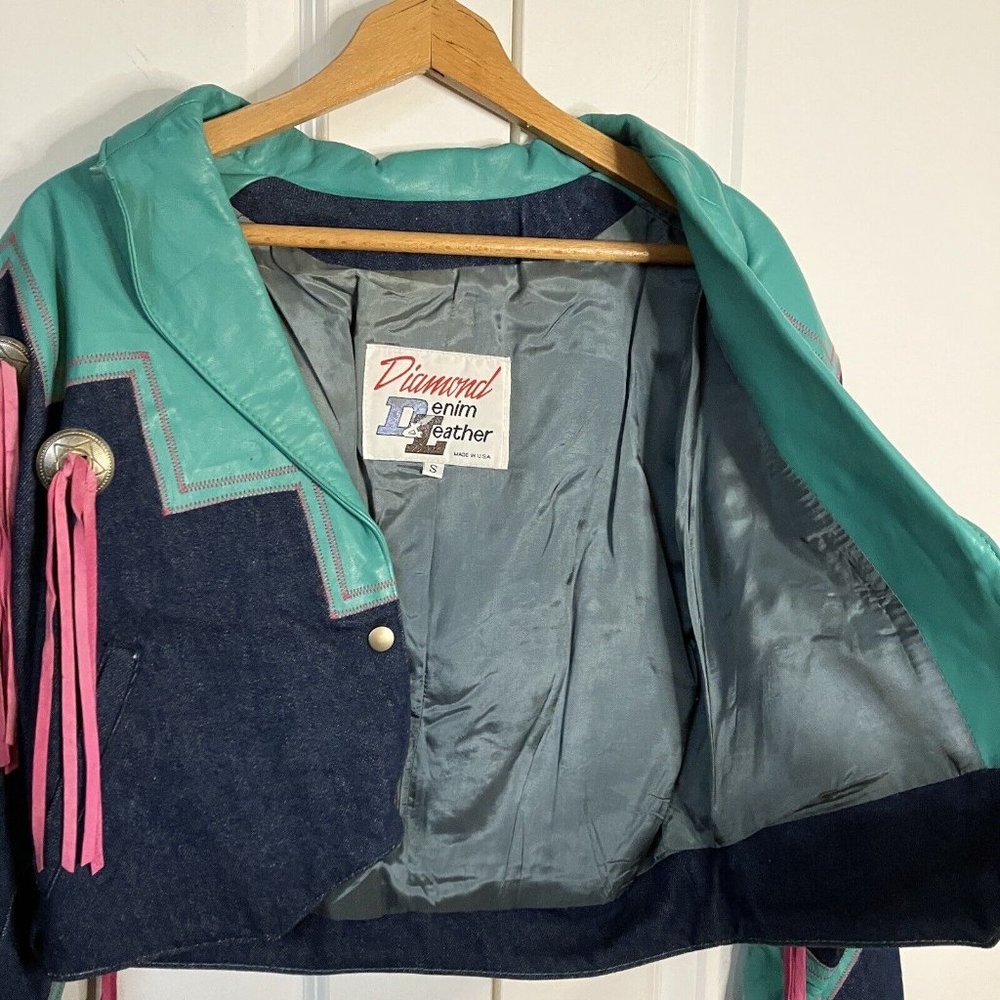 Vintage Diamond Denim & Leather Western Bright Fringe Cowboy Cowgirl Crop Jacket - Picture 10 of 11